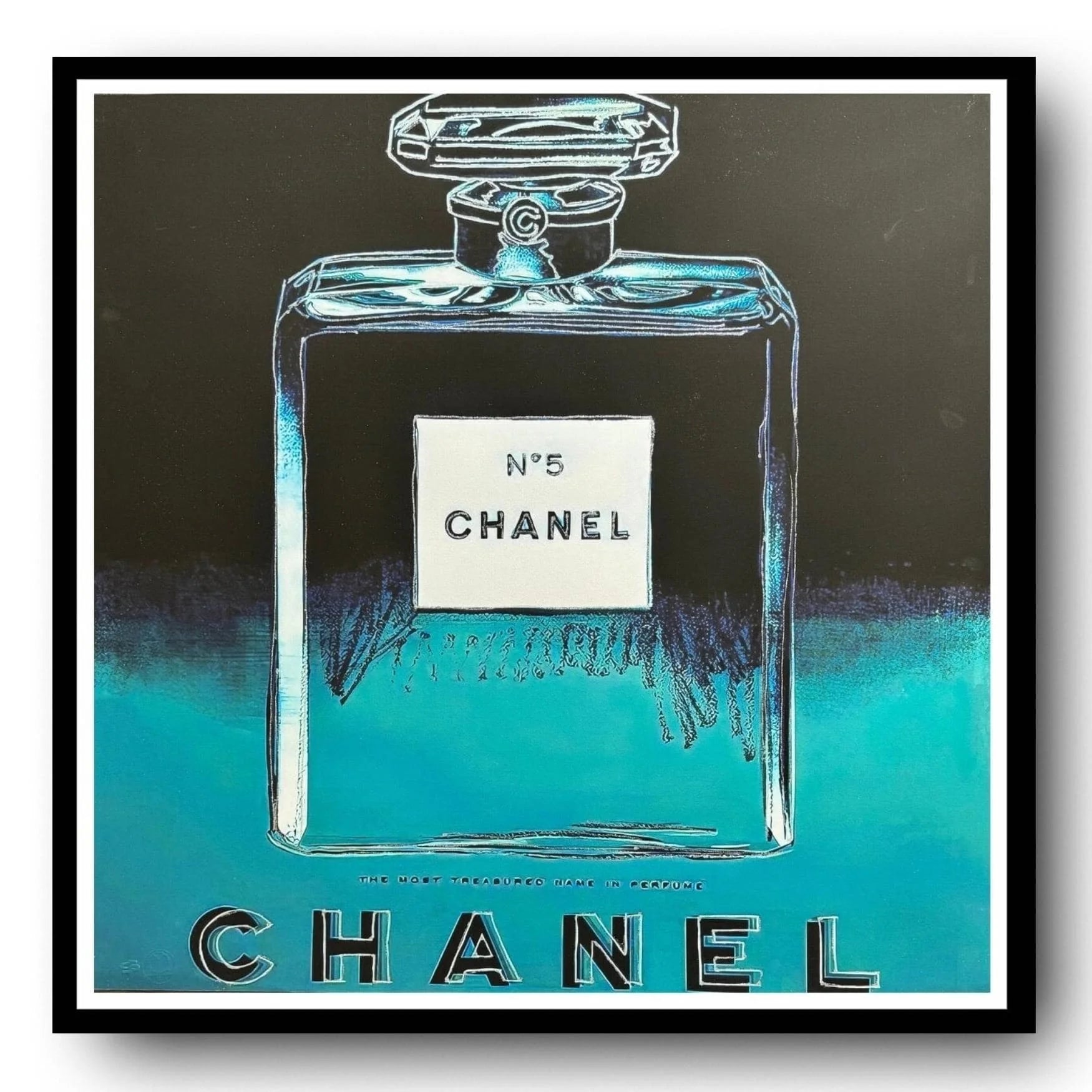 Framed artwork of a Chanel No. 5 perfume bottle on a black and blue gradient background.